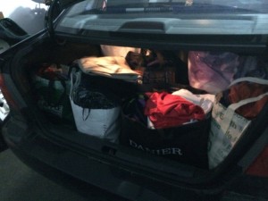 The trunk of our car filled with donations. Hoping they will be useful to others, and looking forward to a lighter closet.
